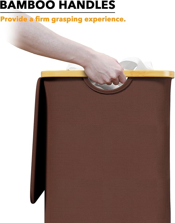 SpaceAid Laundry Hamper with Lid, 110L Large Tall Clothes Basket Bin with Bamboo Handles, Collapsible Laundry Hamper for Bedroom, Bathroom, Dorm, Laundry Room - Brown - Image 6