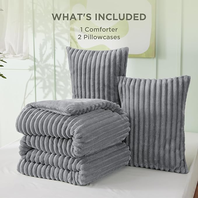 Bedsure Cal King Comforter Set - GentleSoft™ 3 Pieces Double-Side Fleece Fluffy Grey Comforter Set, Cozy Striped Room Decor Aesthetic, Luxury Cal King Bedding, 2 Pillowcases, 104x96 Inches