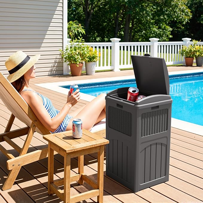 Greesum 33 Gallon Outdoor Trash Can with Lid, Waterproof Resin Garbage Bin for Hideaway, Deck, Patio, 3 Pack, Gray - Image 7