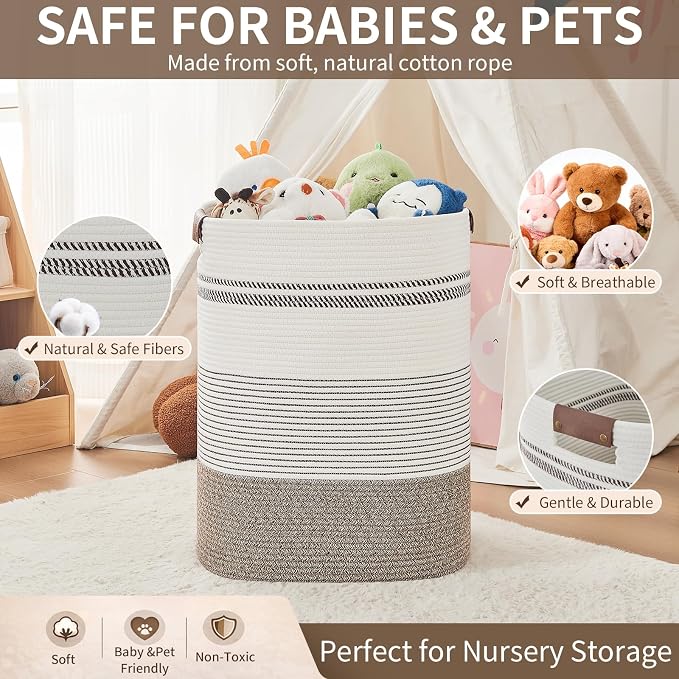 AINUOQI Laundry Hamper - Tall Woven Rope Laundry Basket - Clothes hamper with Leather Handles, 17" X 13.8" X 22", Blanket Storage Basket for Living Room, Rice Brown & White - Image 8