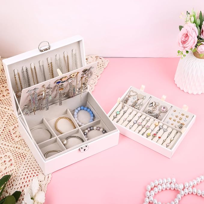 BOOVO Earring Jewelry Box For Women Girl Stud Organizer, 4 Layers Girl Jewelry Organizer Box With Lock Earring Holder Organizer Necklace Ring Jewelry Organizer Box For Girls (White, 4 layer) - Image 6