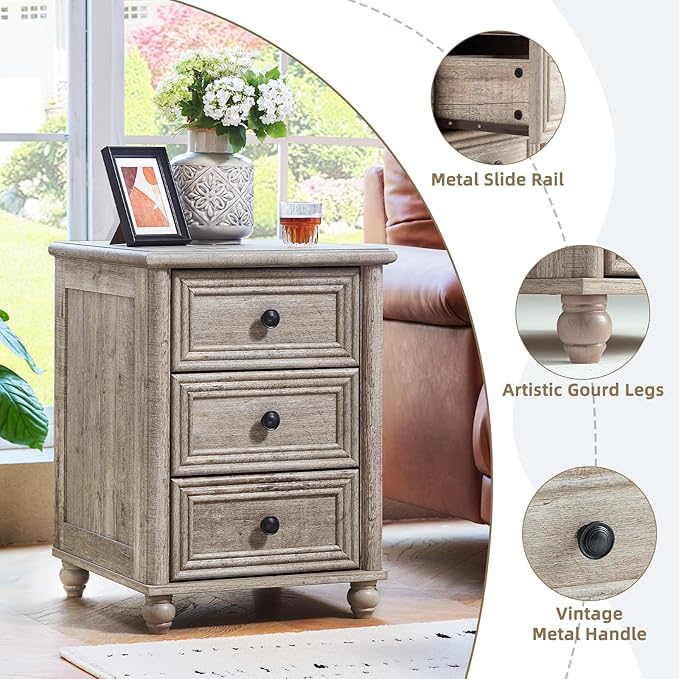 RWYHG 18" Farmhouse Night Stand, Wood Nightstand with 3 Drawers, Grey Bedside End Table with Storage and Roman Column, Bed Side Tables Cabinet for Bedroom, Living Room, and Closet