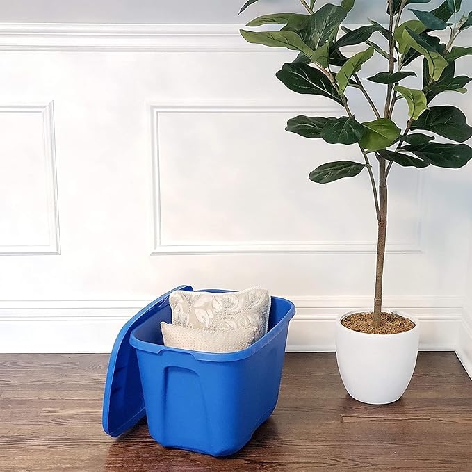 HOMZ 4-Pack Durable Molded Bin, Plastic Storage Containers w/Lids, 10 Gallon, Blue - Stackable Organizer Totes and Boxes for Bedroom, Kitchen, and Garage Organization