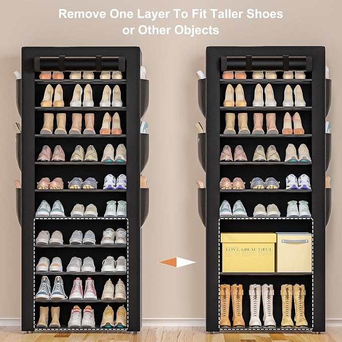 OYREL Large Shoe Rack, Black, 6 Side Pockets, 23.6" Wide x 11.4" Deep x 68.9" Tall, 36-41 Pairs of Shoes - Image 9