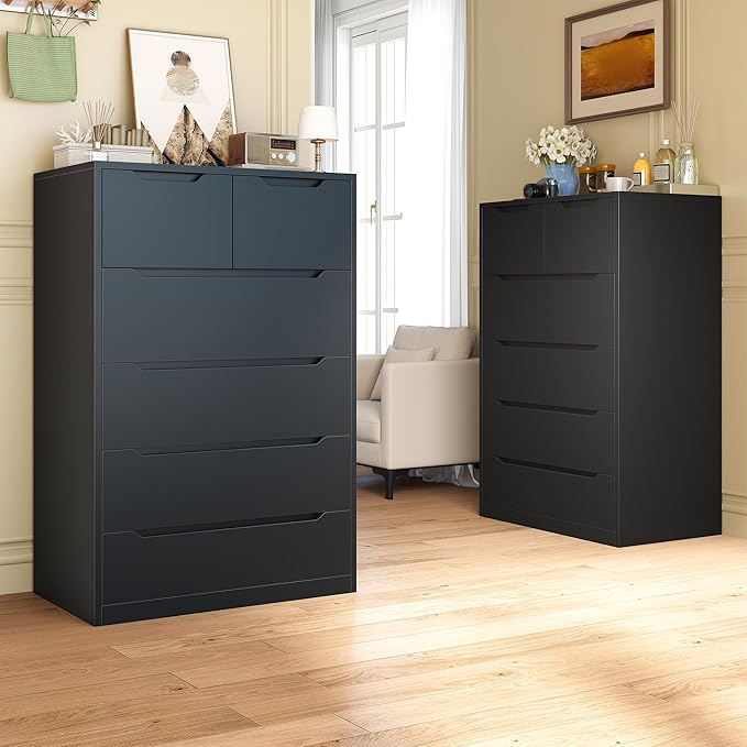 Romorgniz Dresser for Bedrom with 6 Large Drawers, Tall Chest of Drawers Modern Wooden Dresser for Living Room, Entryway, Hallway, Black, 43.2" H X 27.6" W X15.6 D