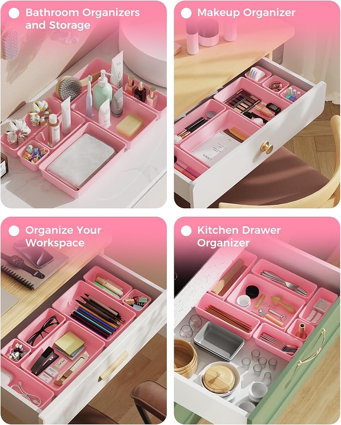 BiuLeon 25 PCS Plastic Drawer Organizers Set, 4-Sizes Vanity and Makeup Organizer, Desk and bathroom Drawer Organizer Trays, Organizers and Storage for Makeup, Jewelry, Gadgets, Utensils (Pink) - Image 7