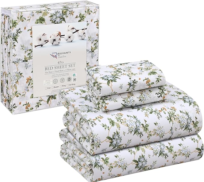 RUVANTI 100% Cotton Sheets – Full Size Percale Bedding, Cooling & Breathable Floral Design, Durable with a Crisp, Soft & Comfortable Feel, 16" Deep Pocket, 4-Piece Set, Heritage