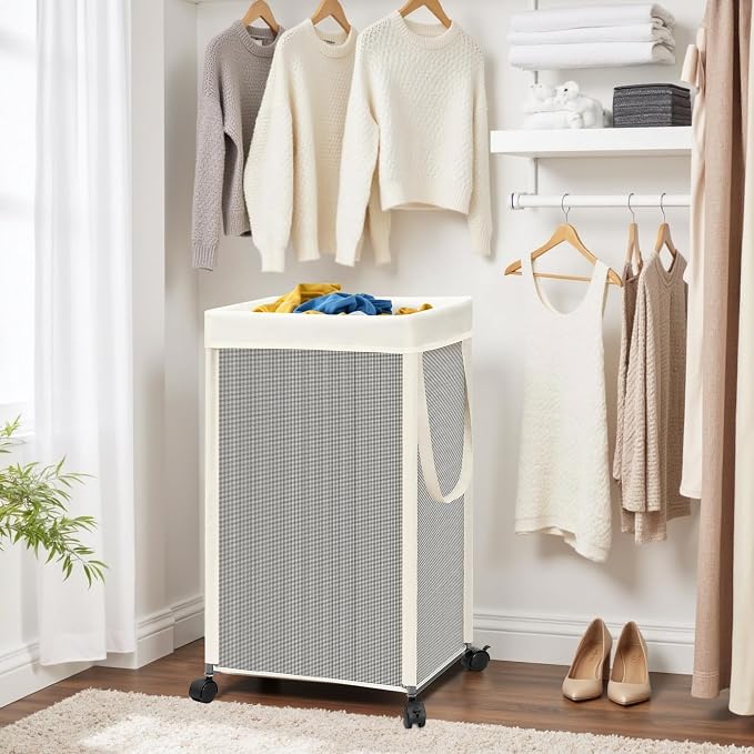 STORAGE MANIAC Laundry Hamper with Wheels, 90L (23.7 Gal) Large Tall Rolling Laundry Basket with Removable and Washable Liner Bag, Aesthetic Dirty Clothes Hamper for College, Dorm, Off-white - Image 8