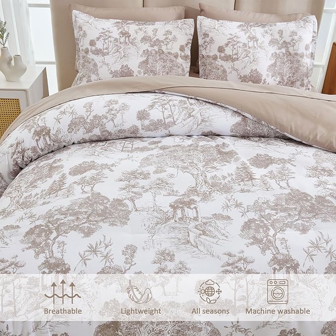 DJY Khaki Comforter Set Queen, 7 Pieces Bed in a Bag Queen Size Botanical Comforters with Sheets Elegant Plants Print Soft Microfiber Reversible Complete Bedding Sets for All Season