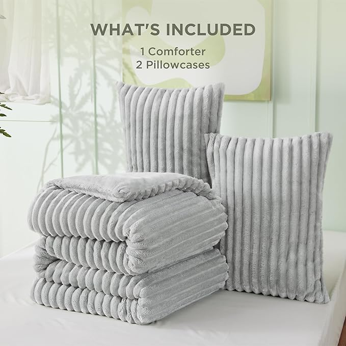 Bedsure Comforter Set Queen Size - GentleSoft™ 3 Pieces Double-Side Fleece Fluffy Light Grey Comforter Set, Cozy Striped Room Decor Aesthetic, Luxury Bedding Queen Size, 2 Pillowcases, 90x90 Inches
