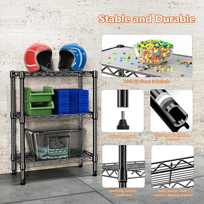 M MZG 750 lbs 3 Tier Shelf Metal Storage Shelves Wire Rack Closet Organizers with PP Board for Garage Kitchen Bathroom Laundry Black 11.8" D x 21.7" W x 28.6" H - Image 7