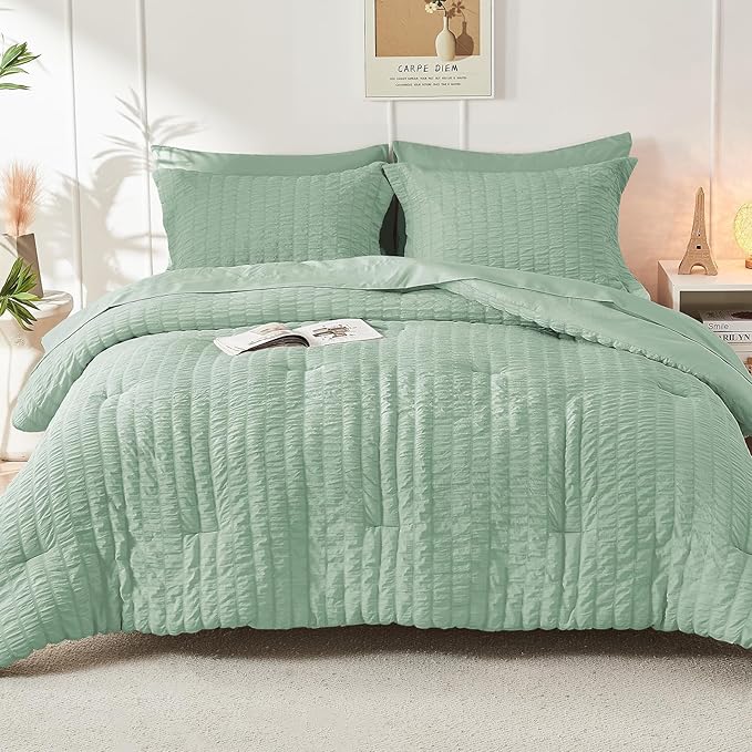 HYMOKEGE Sage Green California King Comforter Set Seersucker 7 Pieces, All Season Luxury Bed in a Bag for Bedroom, Bedding Set with Comforters, Sheets, Pillowcases & Shams