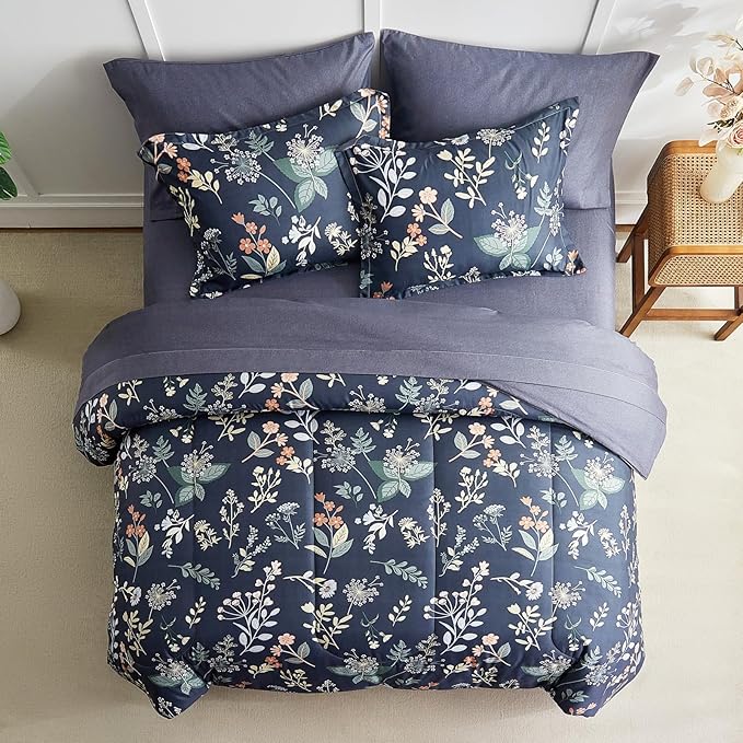 AIKASY 7-Piece Queen Size Bed in a Bag Comforter Set - Blue Fog Floral Ensemble with Reversible Botanical Flowers Comforter, Sheets, Pillowcases & Shams