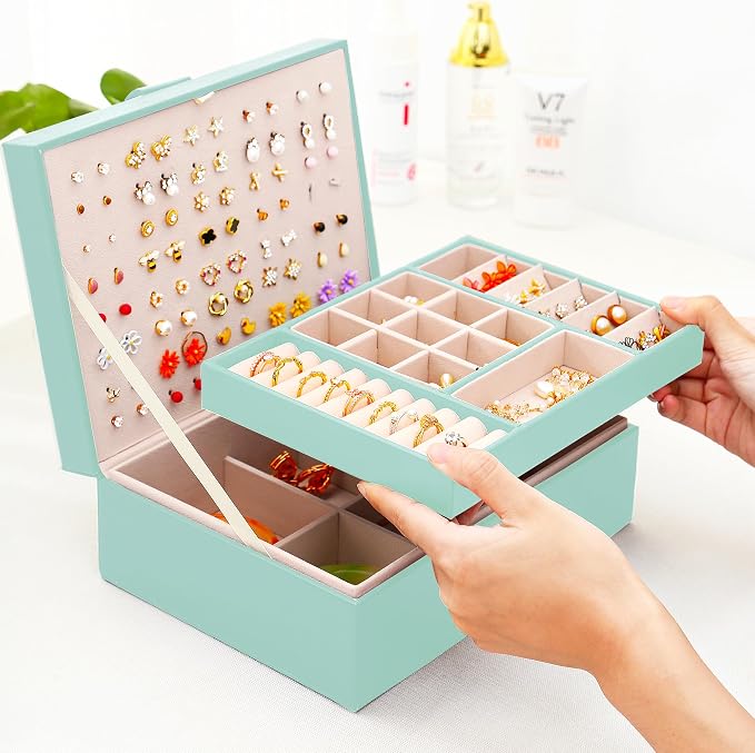 Earrings Jewelry Box for Girls, Large Capacity Jewelry Organizer with 40-Pair Earring Board, 2-Layer Leather Jewelry Storage Box for Necklaces Rings Bracelets with Removable Tray(Gift Idea),Turqueoise - Image 9