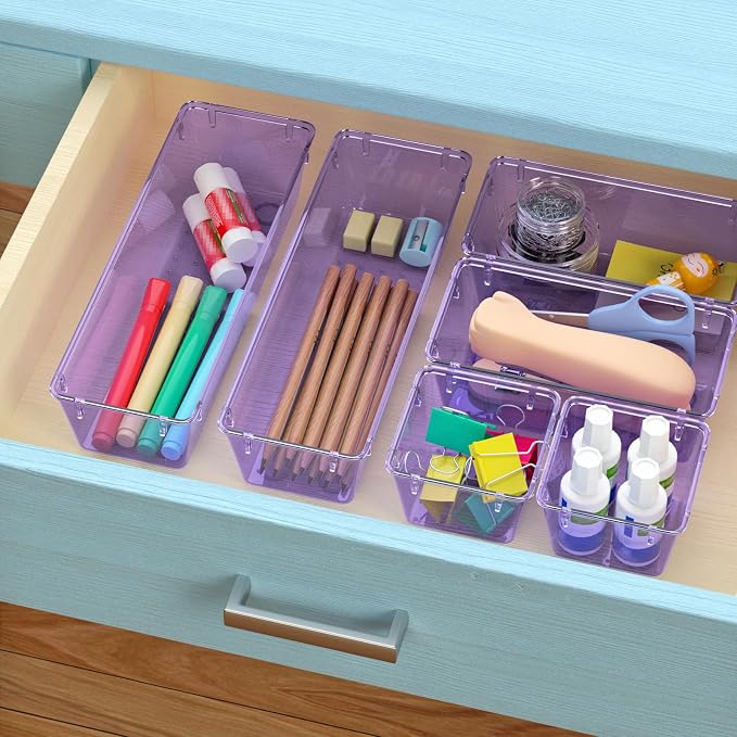 WOWBOX 12 Pack Clear Drawer Organizer Set, Acrylic Drawer Storage Trays, Storage Bins for Makeup, Cosmetics, Jewelries, Utensils, Gadgets, Office, Purple - Image 6