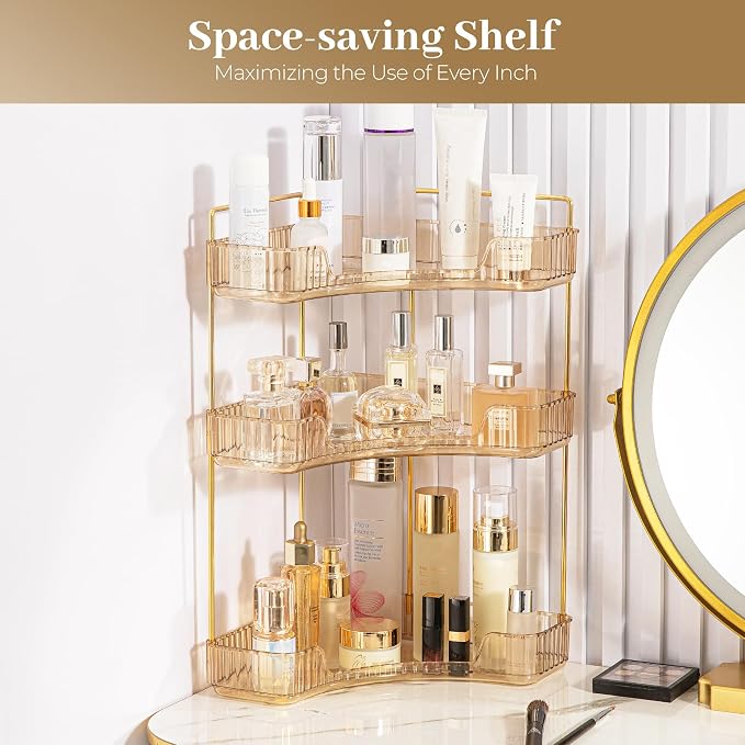 Aveniee Corner Bathroom Counter Organizer, Bathroom Countertop Shelf Makeup Organizer for Vanity Perfume Tray for Corner Storage (3 Tiers, Gold) - Image 6