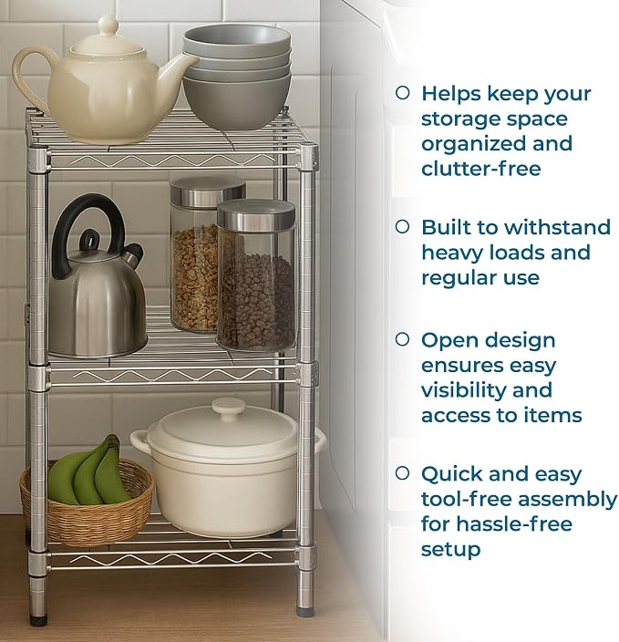 Honey-Can-Do 3-Tier Heavy Duty Adjustable Shelving Unit, 200-lb Per Shelf Stackable Modular Metal Storage Rack, Chrome Wire Shelf, 15 x 14 x 30 in - Image 6