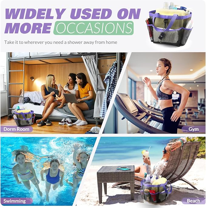 LOYEE Mesh Shower Caddy Portable for College Dorm Room Essentials with 8 Pockets, Shower Bag for Beach, Swimming, Gym, Travel, Bathroom(Purple) - Image 7