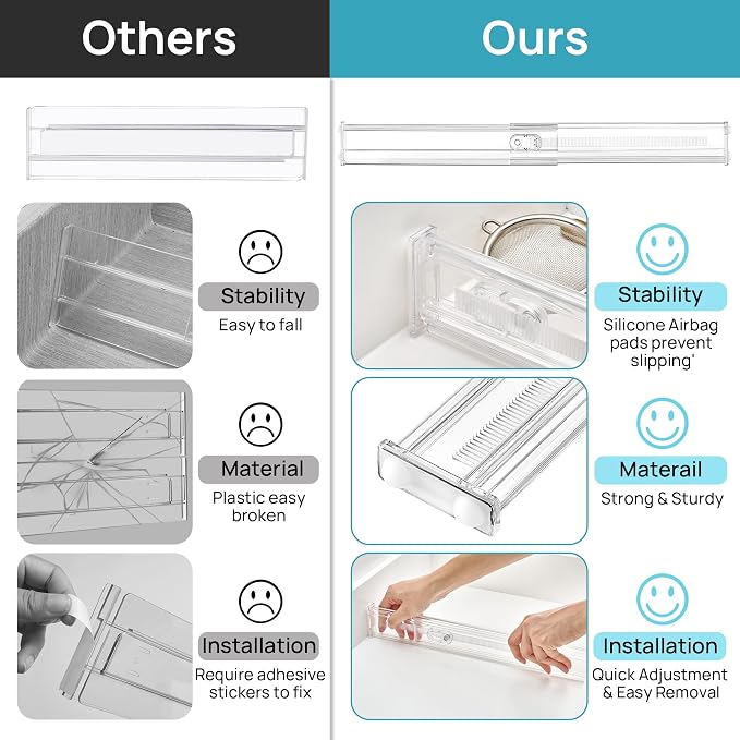 Vtopmart 8 Pack 2.36" Short Upgrade Drawer Dividers for Kitchen Drawer, 12.8"-22.3" Expandable Kitchen Drawer Organizer, Clear Plastic Organizer Separator for Flatware, Utensil, Cutlery, Underwear - Image 7