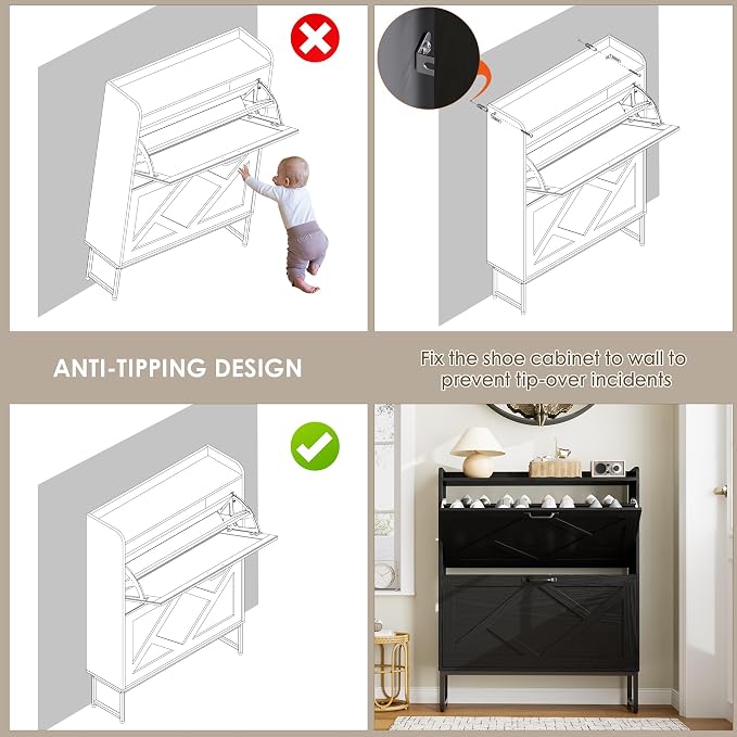 Nicetree Shoe Storage Cabinet with 2 Flip Drawers, Freestanding Shoe Organizer, Shoe Cabinet with Metal Legs, Narrow Shoe Rack Cabinet, Farmhouse Slim Shoe Cabinet for Entryway, Foyer, Hallway, Black - Image 9