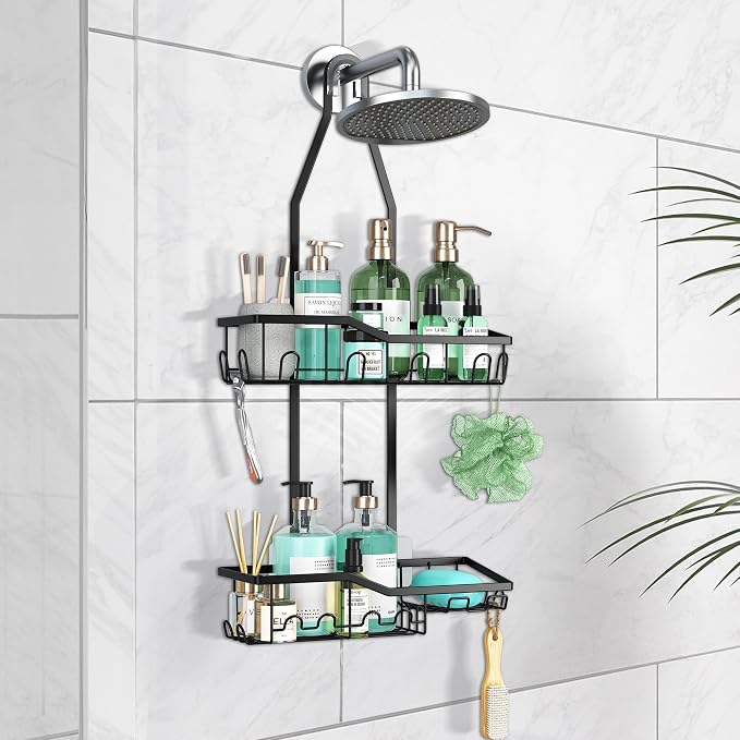 Shower Caddy Hanging,Rustproof Anti-Swing Shower Organizer,2 Tier Hanging Bathroom Caddy Anti-swing and Non-slip,Bathroom Organizer with 18 Hooks for Razor/Sponge - Image 9