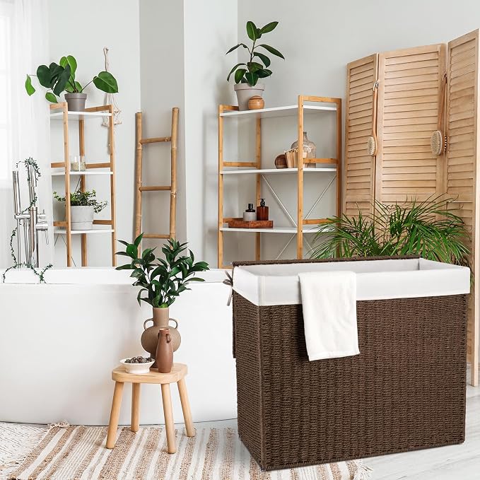OIAHOMY Large Laundry Hamper with Lid, 35.7 Gal (140L) Wicker Hamper with Removable Liner Bag, Handwoven Clothes Basket with Handles, Foldable Paper Rope Basket for Laundry Room, Bedroom-Brown - Image 7