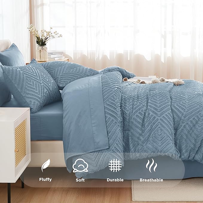 Andency Oversized Queen Size Comforter Set with Sheets Grayish Blue - 7 Pieces Bed in a Bag Oversized Queen Boho Tufted Lightweight Bedding Sets with Comforter, Sheets, Pillowcases & Shams