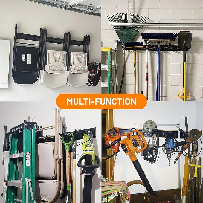 Wallmaster Garage Storage Organization Wall Mount, Garden Tool Rack Organizer Heavy Duty Folding Chair Hangers with 6 Adjustable Hooks 48inch Tracks Max Load 450lb - Image 7