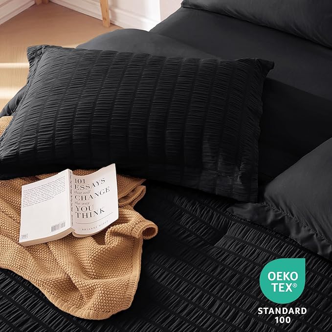 MUXHOMO 7 Pieces California King Comforter Set, Seersucker Bed in a Bag Cal King Size, All Season Luxury Bedding Set with Comforter, Flat Sheet, Fitted Sheet, Pillowcases & Shams, Black
