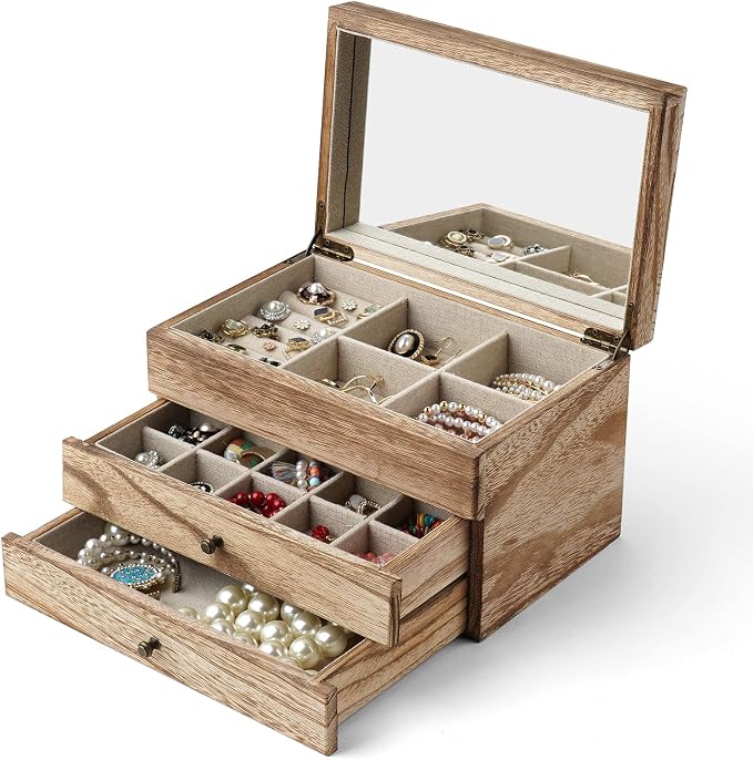 Meangood Jewelry Box Organizer for Women, 3 Layer Large Jewelry Storage Case, Rustic Wooden Jewelry Box with Mirror & Ring Tray for Necklace Earring Bracelets Rings, Vintage Style (Carbonized Black) - Image 7