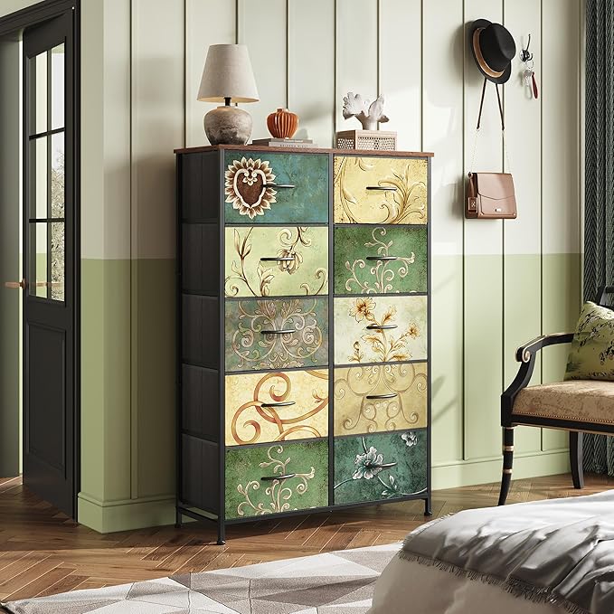 WLIVE Tall Dresser for Bedroom with 10 Drawers, Chest of Drawers, Fabric Dresser for Closet, Hallway, Living Room, Entryway, Floral Painted