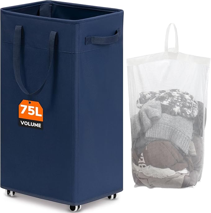 CHICVITA Laundry Basket with Wheels, 75L Laundry Hamper for Dirty Clothes, College Dorm Essentials, Clothes Hamper for Livng Room, Blue by CHICVITA