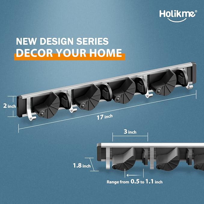 Holikme Mop Broom Holder Wall Mount Metal Pantry Organization and Storage Garden Kitchen Tool Organizer Wall Hanger for Home Goods (4 Positions with 4 Hooks, Black) - Image 6