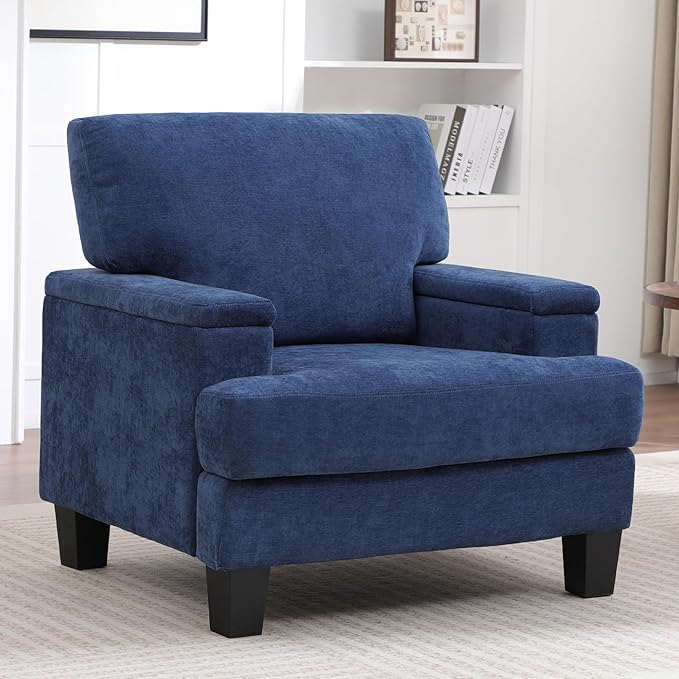 Oversized Accent Chair with Storage Armrest, Modern Upholstered Reading Living Room Chairs, Comfy Large Armchair, Fabric Single Sofa Chair for Bedroom (Navy Blue)