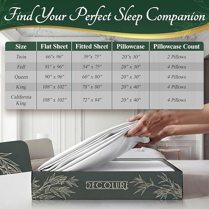 DECOLURE 100% Viscose Derived from Bamboo Sheets California King Size - Luxury 6 Pc Naturally Cooling Sheets, Ultra Soft Bed Set - Deep 17" Pockets, Double Stitching, Oeko Tex Standard (White)