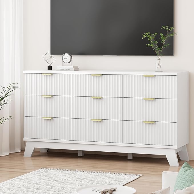 Xixini Fluted Dresser for Bedroom with 9 Drawers, 57" Wide Modern Chest of Drawers with Metal Handle, Wooden Dresser TV Stand, Wood Closet Clothes Storage Organizer for Living Room, Hallway, White