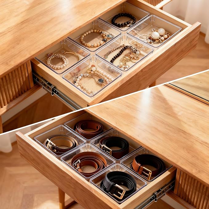 Ohlove 6 Pcs Large Clear Plastic Drawer Organizers Tray 6" x 6" Storage Bins with 25 Pcs Non-Slip Pads for Makeup, Jewelries, Kitchen Utensils, Bathroom and Office - Image 7