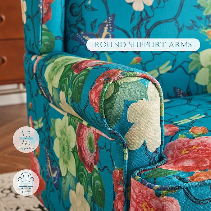 MELLCOM Floral Accent Chair, High Back Upholstered Armchair with Solid Legs, Leisure Single Sofa Chair for Living Room, Bedroom, Home Office, Teal Floral
