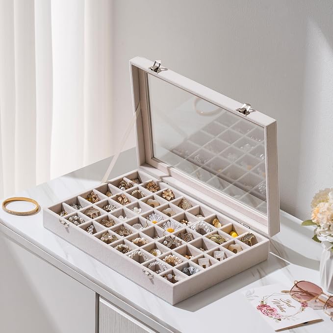 48 Grid Earring Organizer and Storage: Velvet Jewelry Tray with Lid, Jewelry Box for Studs, Earrings, Rings, Necklaces, Dresser & Vanity, Earrings Case for Girls, Women, 13"x8.6"x2.4", Beige - Image 9