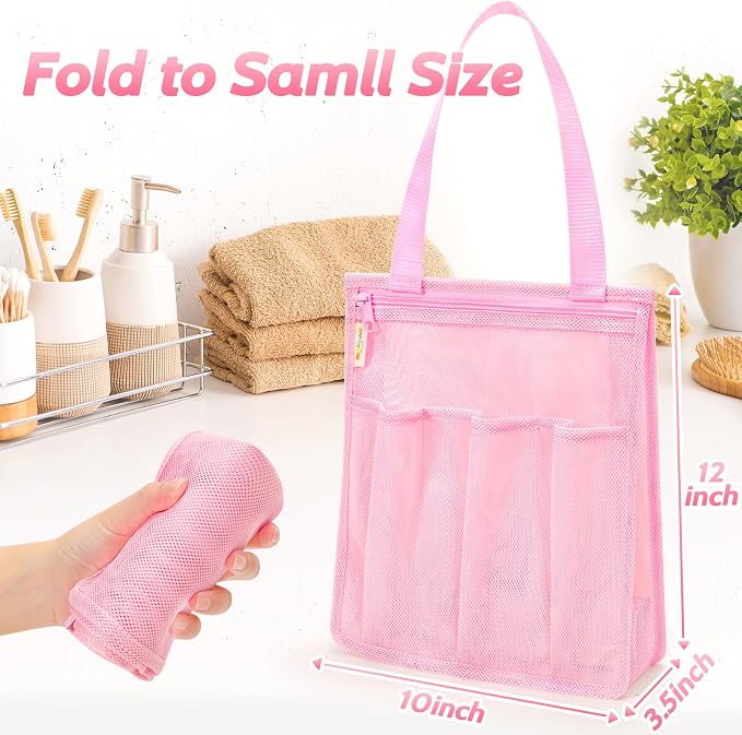 famichan Mesh Shower Caddy Portable, Gym Travel Camp Dorm Room Essentials for Women and College Girl, Pink Bathroom Shower Bag - Image 7