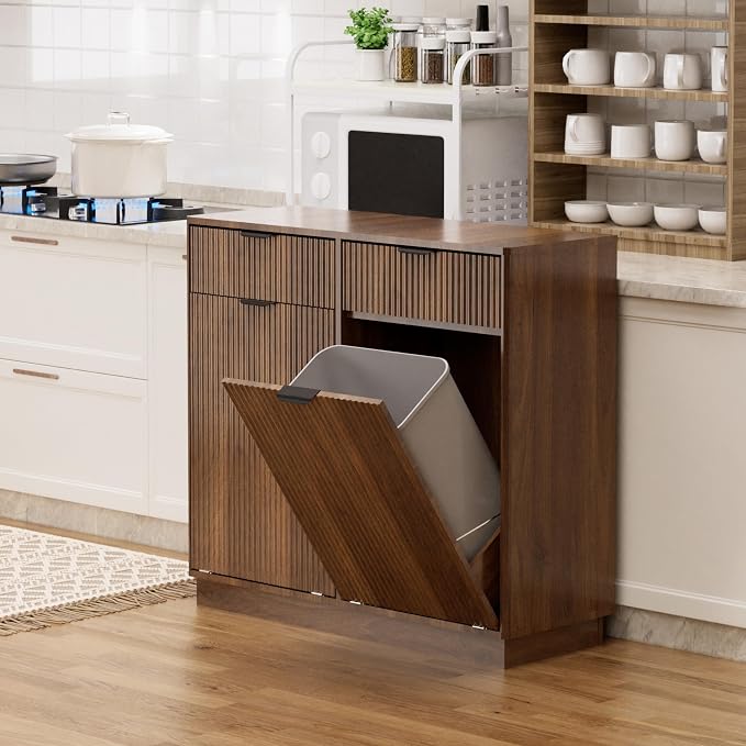 Double Tilt-Out Trash Cabinet, Laundry Hamper Cabinet with 2 Drawers, 39.4W x 34.3H x 13.8D inches, Walnut, Wave-Textured Front. - Image 6