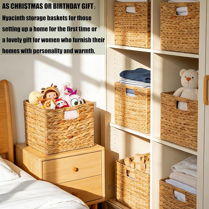 11x11in Storage Baskets 4 Pcs Square Baskets for Cube Shelf,Foldable Handwoven Water Hyacinth Storage Bins for Laundry Organizer - Image 7