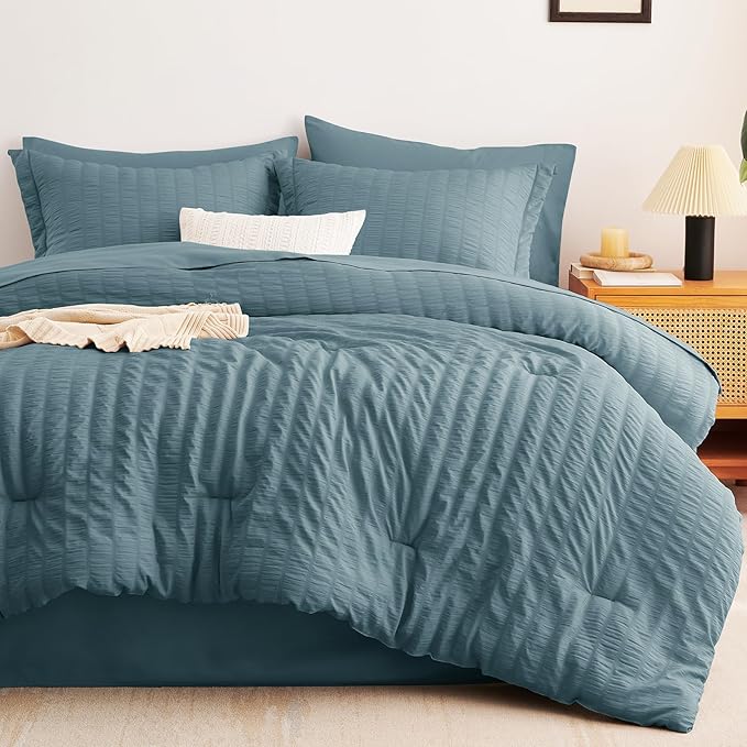 CozyLux King Size Comforter Set Mineral Blue Seersucker 7 Pieces Bed in a Bag King Comforter Set with Sheets, Luxury Soft Bedding Sets with Down Alternative Comforter, Sheets, Pillowcases & Shams