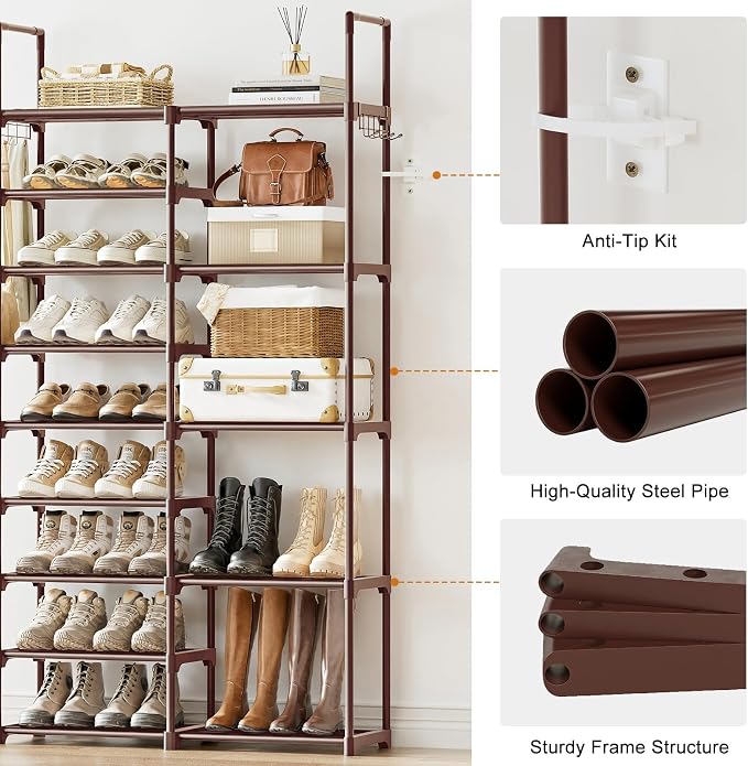 WOWLIVE 9 Tiers Large Shoe Rack Brown Shoe Rack Organizer for Closet 30-35 Pairs Stackable Heavy Duty Shoe Shelf Shoe Storage with Metal Pipes Plastic Connectors - Image 7