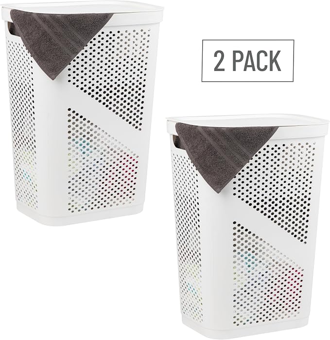 Mind Reader 60L Slim Laundry Hamper, Clothes Basket, Lid, Ventilated, Plastic, Set of 2, White - Image 7