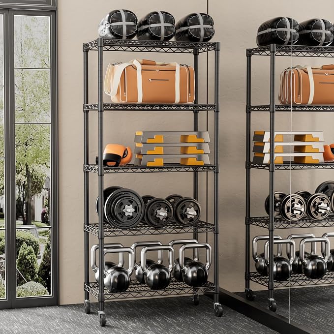SINGAYE 5 Shelf Storage Wire Shelves Closet Bathroom Organizers Metal Pantry Kitchen Garage Shelving Unit Laundry Room Organization Home Narrow Rack Net Basket with Wheels Black - Image 9