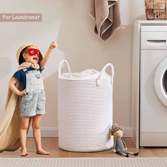 60L Pure White Woven Hamper Laundry Basket Cotton Rope Blanket Basket for Living Room 15Dx20H inches Tall Clothes Hamper for Baby Nursery Kids in Bedroom Large - Image 7