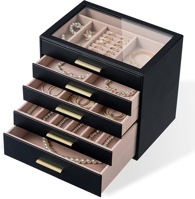 pickpiff Jewelry Box Organizer Case for Women: 5-Layer Jewelry Storage Case with Glass Window, Black Leather with Blush Velvet, Holder for Ring Necklace Bracelet Brooch Watch, Great Gift for Her - Image 9