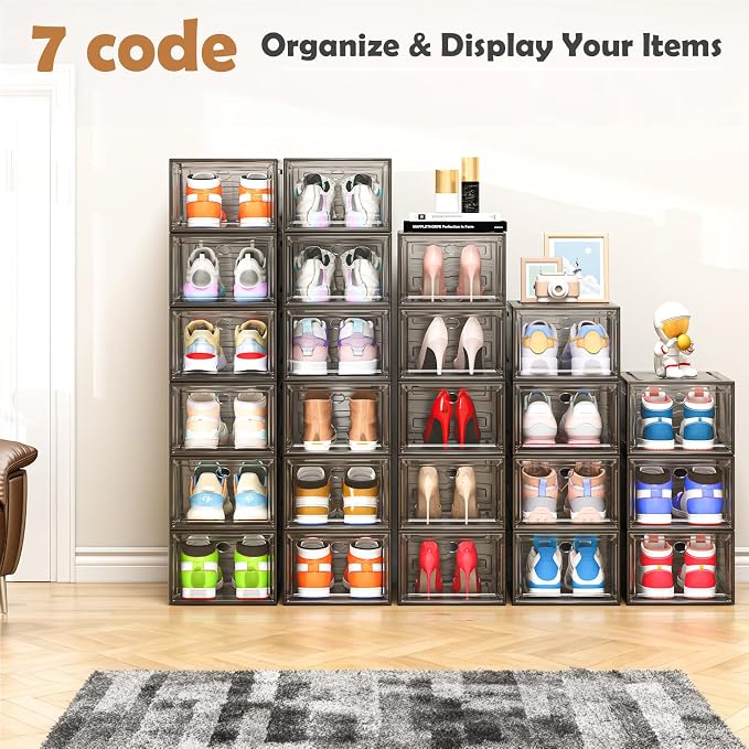 12 Pack Clear Shoe Storage Organizer with Magnetic Door, Stackable Plastic Shoe Boxes for Sneakers, Boots, and Heels, Space-Saving Foldable Shoe Rack for Closet, Durable Shoe Cabinet Organizer, Black - Image 8