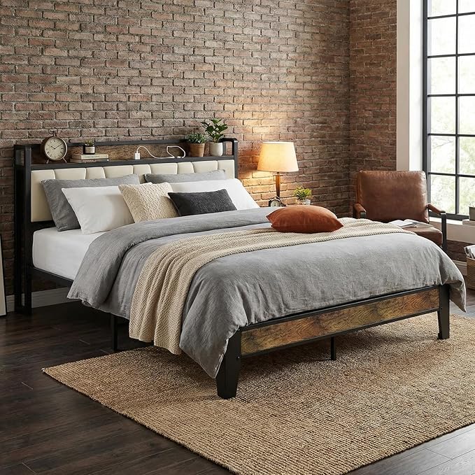 LIKIMIO Full Size Bed Frame, Storage Headboard with Charging Station, Solid and Stable, Noise Free, No Box Spring Needed, Easy Assembly (Walnut and Beige)